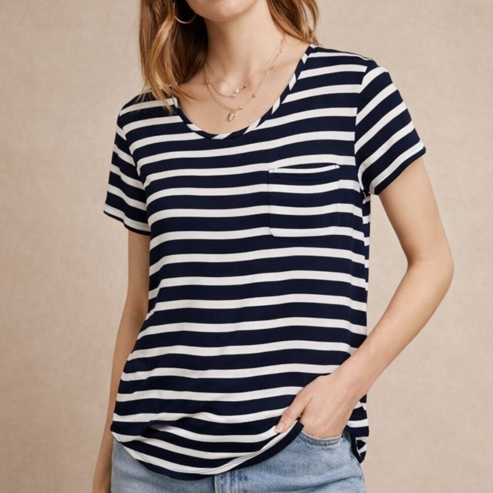 Anthropologie Small S Japna Navy White Striped Crepe Front Pocket Blouse Top
